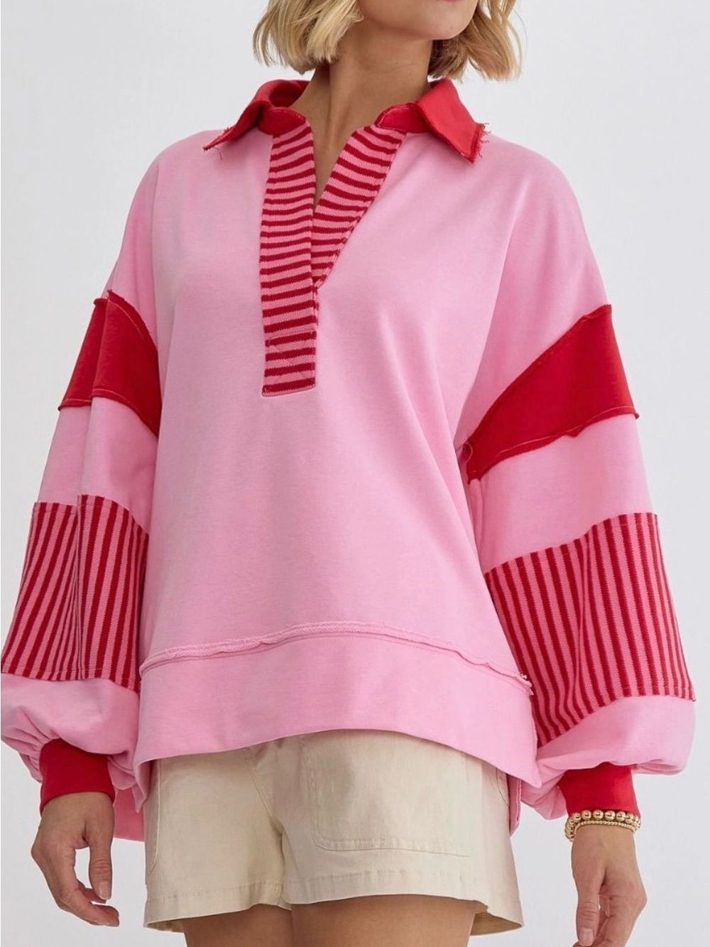 Polo Collar Contrast Color Panel Sweatshirt size medium. Neon pink & candy cane